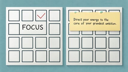 Grid of squares with one highlighted and a motivational message on a sticky note