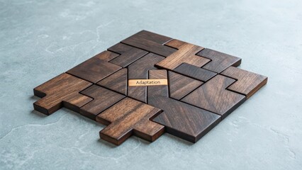 Interlocking Wooden Puzzle Pieces Forming a Complex Pattern with the Word Adaptation Centered