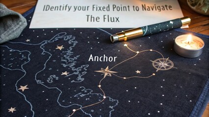 Celestial Map Etched with Stars and a Golden Pen, Illustrating Navigation and Cosmic Guidance