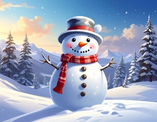 Obraz premium Cartoon snowman with a hat and scarf in a snowy mountain landscape