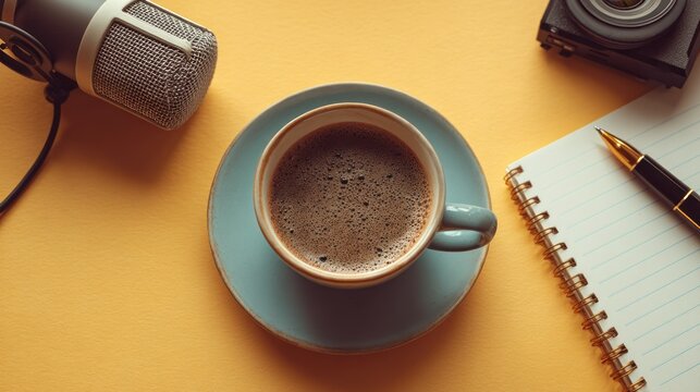 A blue coffee cup filled with dark coffee sits on a saucer, next to a microphone and a camera on a yellow background.  - Powered by Adobe