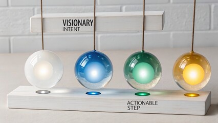 Four glowing glass spheres suspended with blue and green illumination, representing visionary intent and actionable steps.