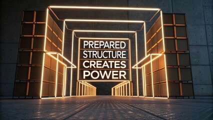 Modern geometric structure with glowing neon frame showcasing motivational text 'Prepared Structure Creates Power'