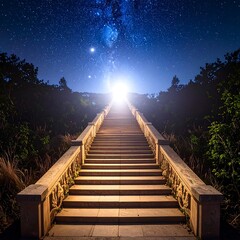 Stone staircase leads upward toward a bright light in the night sky. Stars and Milky Way are visible above. Trees flank the steps