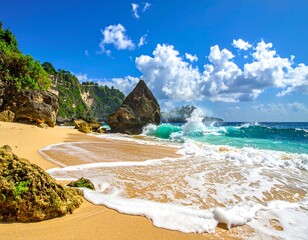 Stunning beach scene with waves crashing onto golden sand, cliffs, and turquoise water under a vibrant blue sky