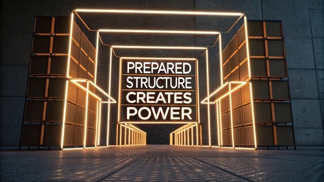 Modern geometric structure with glowing neon frame showcasing motivational text 'Prepared Structure Creates Power'