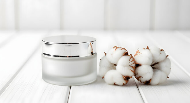 Clean Beauty Cream Jar and Natural Cotton Blossom Still Life