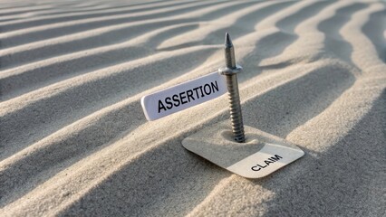 Metal stake with assertion and claim labels driven into sandy dunes