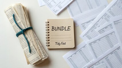 Notebook labeled "BUNDLE" with loose receipts and financial documents for organized expense management