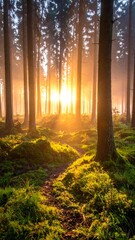 Sun flares through tall trees in a lush forest with a mossy ground. A path beckons towards the bright source