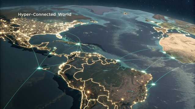 Digital Global Network Connecting Continents And Cities Across The Illuminated World