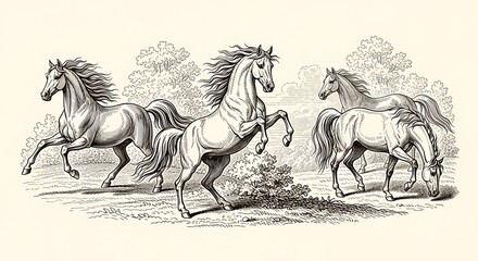 Engraving of four horses in a field, one rearing up on its hind legs.