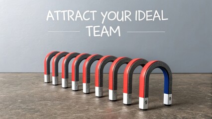 Row of horseshoe magnets aligned on a surface, representing the concept of attracting an ideal team for business success.