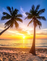 Two palm trees silhouette a beach sunset over calm water. Golden light illuminates the sea and clouds. Sandy shore is visible