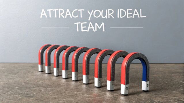 Row of horseshoe magnets aligned on a surface, representing the concept of attracting an ideal team for business success.