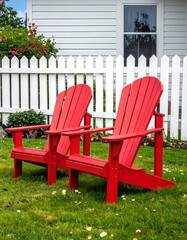 Two vibrant red wooden chairs stand on a green lawn with a white picket fence, pink roses, and window in background