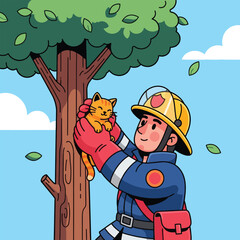 A firefighter in uniform and helmet carefully rescues a small orange cat from a tree, with green leaves and a blue sky in the background.