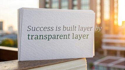Stacked transparent layers of paper with the inspiring quote Success is built layer by transparent layer.