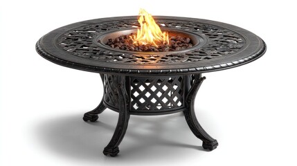 A round, black metal fire pit with a fire burning inside, surrounded by a lattice design on the top and four legs on the bottom.