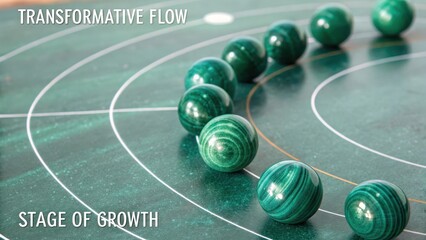 Structured alignment of seven perfectly smooth graduated malachite spheres arranged in a curved pattern on a textured surface