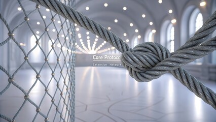 Thick steel cable knotted securely against a softly lit background with a wire mesh fence in the foreground