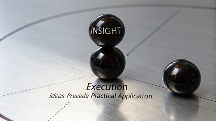 Three dark obsidian spheres with 'Insight' and 'Execution' text symbolizing business concepts on a reflective surface