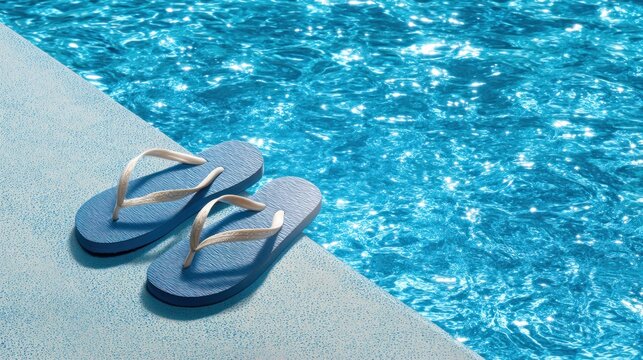 Blue flip-flops on the edge of a swimming pool, with ripples in the water reflecting sunlight.