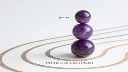 Three Perfectly Smooth Polished Purple Spheres Stacked Harmoniously on a Textured Surface Representing a Spiritual Journey