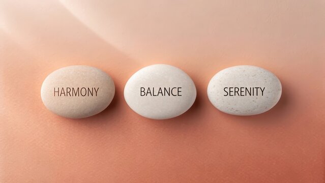 Three smooth stones inscribed with the words Harmony, Balance, and Serenity placed on a soft gradient background