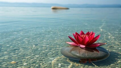 Vibrant pink lotus flower resting on a smooth stone in crystal clear shallow water