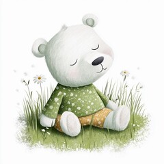 Cute Sleeping Bear in Meadow with Flowers, Adorable Nursery Illustration