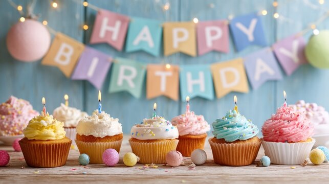 A colorful birthday cake with lit candles, surrounded by cupcakes, on a rustic wooden table with a festive banner and string lights. - Powered by Adobe