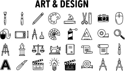Art and Design Line Icons Set: Creative Tools, Craft Supplies, Graphic Design Equipment Collection