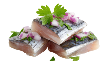 Three pieces of marinated herring fillet on transparent background