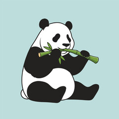 A cute cartoon giant panda bear sitting down and eating green bamboo.