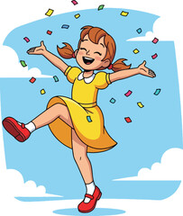 A happy young girl in a yellow dress celebrating with confetti falling around her.