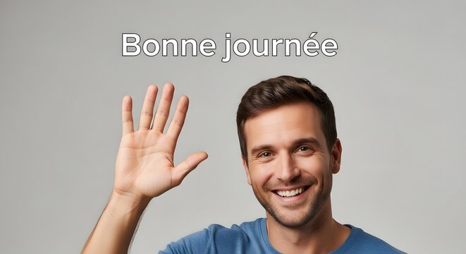 A cheerful man with a warm smile is waving his hand in a friendly greeting, wishing someone a good day in a bright and positive manner