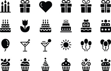 Birthday celebration icons, cakes, cupcakes, balloons, cocktails, candles, party hats, gifts, hearts, flowers, sun, festive vector silhouette set