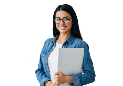 Smiling young woman in glasses holding laptop, isolated on transparent background - Powered by Adobe