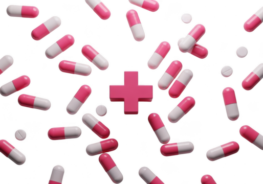 Pink and white capsules with medical cross symbol scattered isolated on transparent background