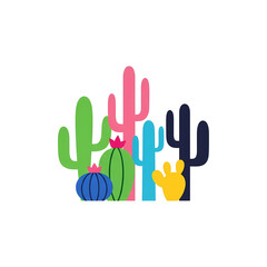 Colorful Cactus Collection on Black Background, Flat Design Style, Vector Illustration for Desert Theme and Southwest Decor