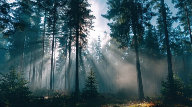 A misty forest with tall pine trees, sunbeams filtering through the branches, and a mix of green and brown colors. - Powered by Adobe