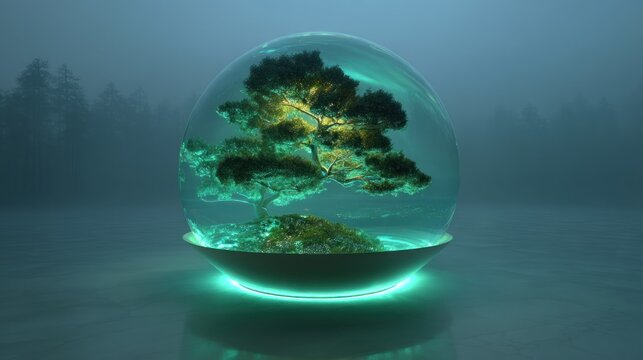A glowing bonsai tree inside a transparent sphere, surrounded by a misty forest landscape with tall trees and a moonlit sky.