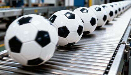 A sequence of classic black and white soccer balls moving along a silver roller conveyor in a modern factory setting.