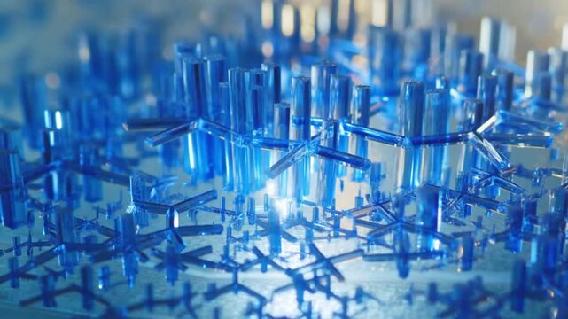A macro time lapse shot of intricate blue crystals slowly growing on a glass slide concept of natural formation and crystallography