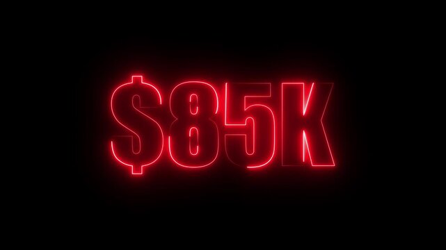 Red neon $85K number for finance and success themed animated.Perfect for financial video animation on backgrounds, digital currency, or futuristic money themes.