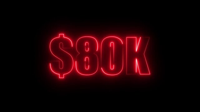 Red neon $80K number for finance and success themed animated.Perfect for financial video animation on backgrounds, digital currency, or futuristic money themes.