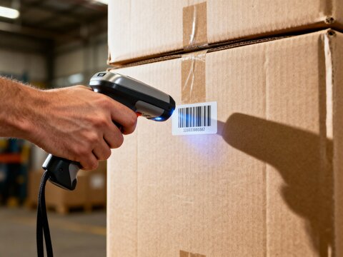A worker scanning a barcode on a cardboard box in a warehouse setting for inventory tracking.