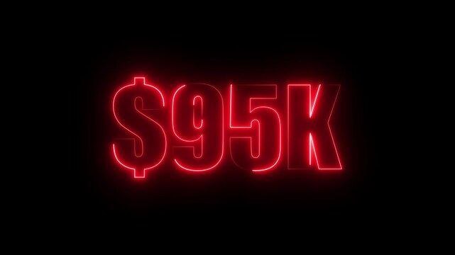 Red neon $95K number for finance and success themed animated.Perfect for financial video animation on backgrounds, digital currency, or futuristic money themes.