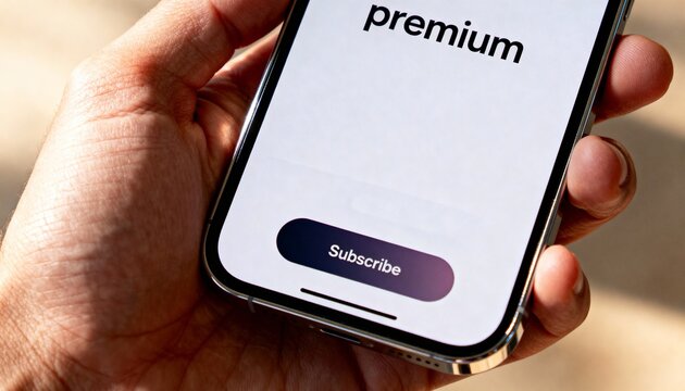 Close-up shot of a smartphone screen showing "premium" membership access and a large "Subscribe" button.